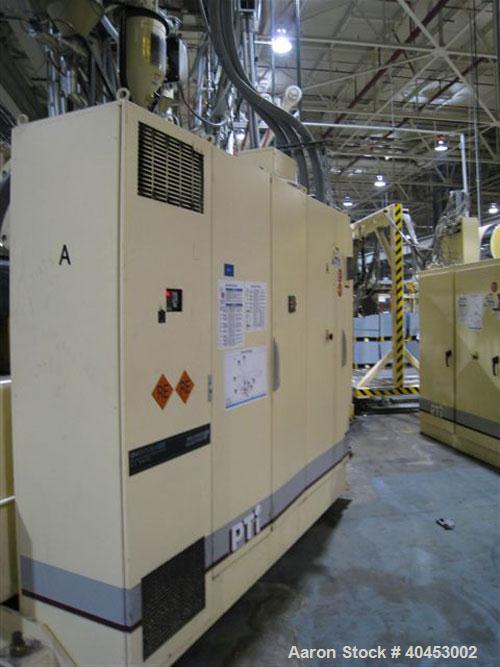 USED PTI MODEL 842440 SHEET TAKE-OFF UNIT CONSISTING OF (3) 84" FACE CHROME ROLLS MOUNTED IN A "J" ARRANGEMENT FOR UPSTACK OPERATION.  BOTTOM ROLL IS 24" DIAMETER WHILE MIDDLE AND TOP ROLL MEASURE NO...