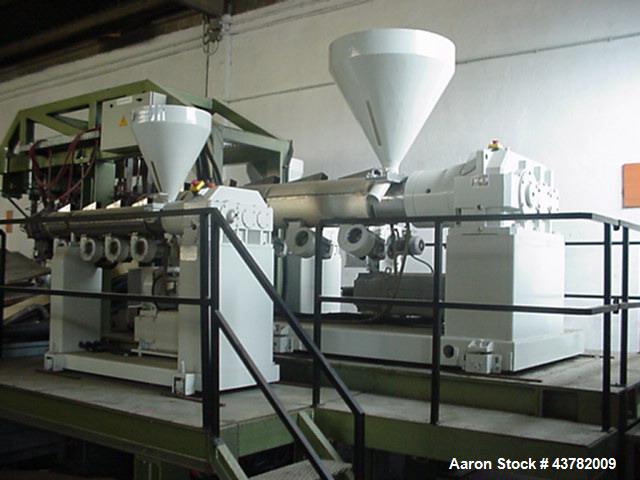 Used Periplast Sheet Extrusion Line. handling film width of  49.2” (1250 mm), 3 layers. Including (1) Single screw extruder 3.54” (90 mm) diameter. (1) Single screw co-extruder 2.36“ (60 mm).  (1) Li...