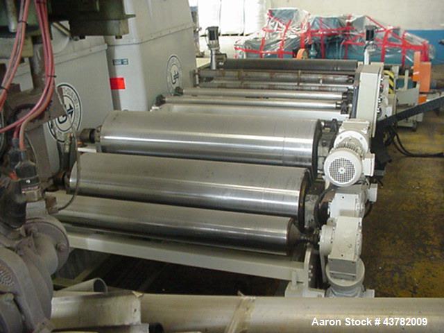 Used Periplast Sheet Extrusion Line. handling film width of  49.2” (1250 mm), 3 layers. Including (1) Single screw extruder 3.54” (90 mm) diameter. (1) Single screw co-extruder 2.36“ (60 mm).  (1) Li...