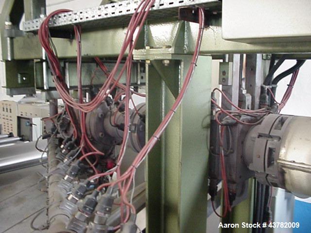 Used Periplast Sheet Extrusion Line. handling film width of  49.2” (1250 mm), 3 layers. Including (1) Single screw extruder 3.54” (90 mm) diameter. (1) Single screw co-extruder 2.36“ (60 mm).  (1) Li...