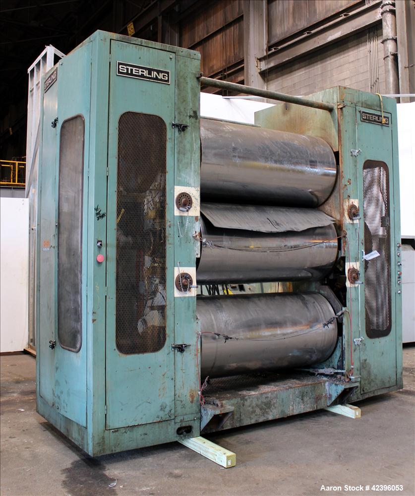 Used Sterling three roll vertical sheet stack, 30" diameter x 64" roll face width rolls, cored and chromed rolls with rotary unions, adjustable top and bottom roll gap, individually driven top roll, ...