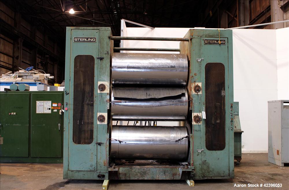 Used Sterling three roll vertical sheet stack, 30" diameter x 64" roll face width rolls, cored and chromed rolls with rotary unions, adjustable top and bottom roll gap, individually driven top roll, ...
