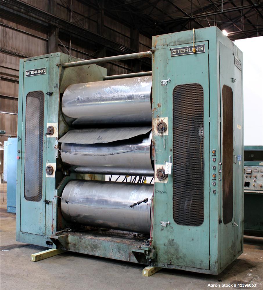 Used Sterling three roll vertical sheet stack, 30" diameter x 64" roll face width rolls, cored and chromed rolls with rotary unions, adjustable top and bottom roll gap, individually driven top roll, ...