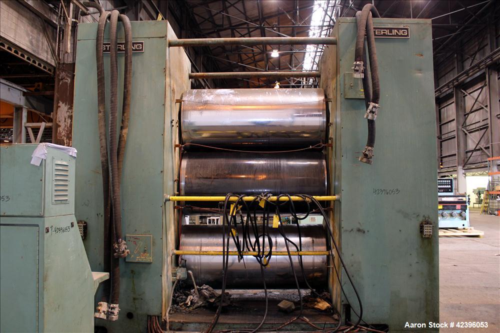 Used Sterling three roll vertical sheet stack, 30" diameter x 64" roll face width rolls, cored and chromed rolls with rotary unions, adjustable top and bottom roll gap, individually driven top roll, ...