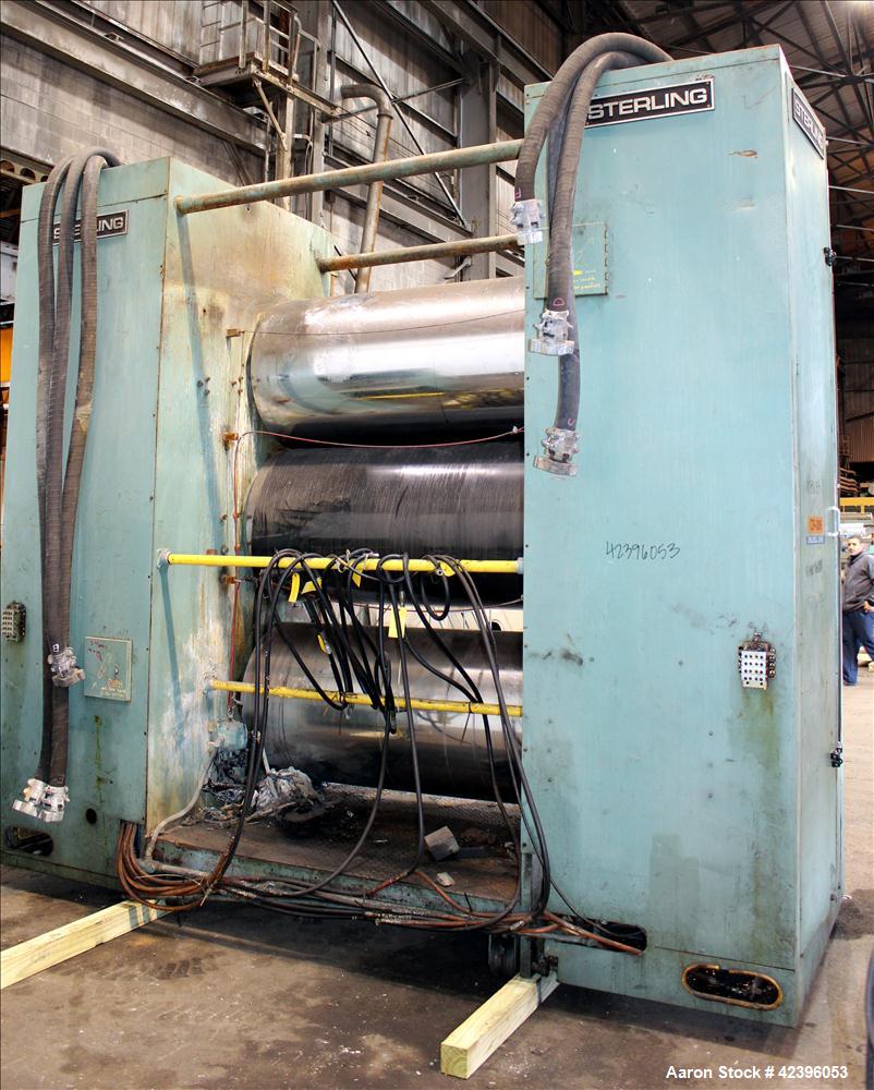 Used Sterling three roll vertical sheet stack, 30" diameter x 64" roll face width rolls, cored and chromed rolls with rotary unions, adjustable top and bottom roll gap, individually driven top roll, ...