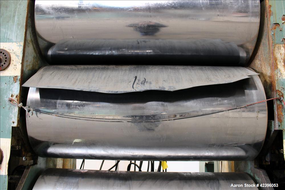 Used Sterling three roll vertical sheet stack, 30" diameter x 64" roll face width rolls, cored and chromed rolls with rotary unions, adjustable top and bottom roll gap, individually driven top roll, ...