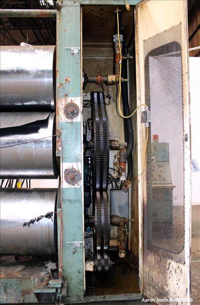 Used Sterling three roll vertical sheet stack, 30" diameter x 64" roll face width rolls, cored and chromed rolls with rotary unions, adjustable top and bottom roll gap, individually driven top roll, ...