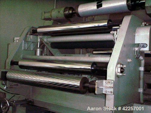 Used Sumitomo Heavy Industries EC 075-T Tandem Extrusion Coating Line, laminator for producing laminated foil for tubes for cosmetic production. Capable of producing ABL foil from 5 layer film with a...