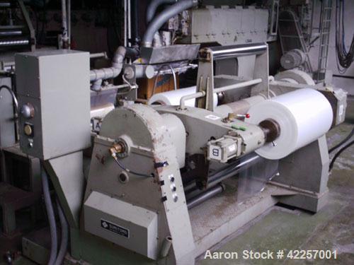 Used Sumitomo Heavy Industries EC 075-T Tandem Extrusion Coating Line, laminator for producing laminated foil for tubes for cosmetic production. Capable of producing ABL foil from 5 layer film with a...
