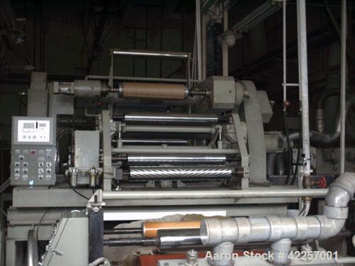 Used Sumitomo Heavy Industries EC 075-T Tandem Extrusion Coating Line, laminator for producing laminated foil for tubes for cosmetic production. Capable of producing ABL foil from 5 layer film with a...