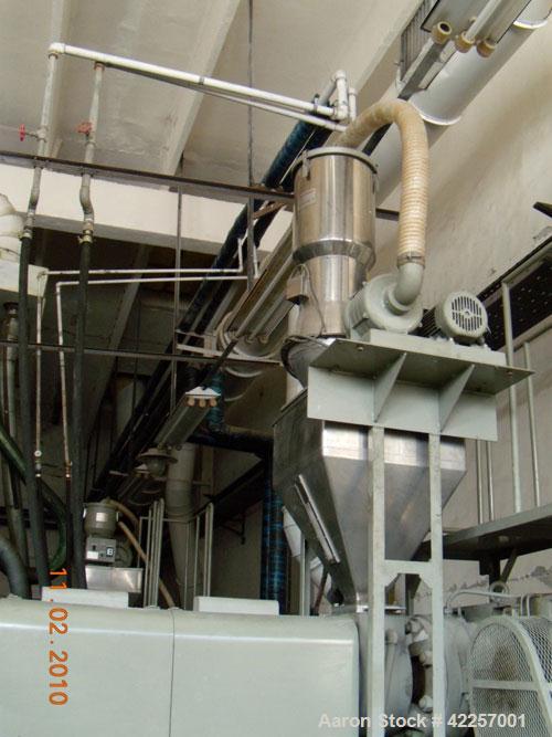 Used Sumitomo Heavy Industries EC 075-T Tandem Extrusion Coating Line, laminator for producing laminated foil for tubes for cosmetic production. Capable of producing ABL foil from 5 layer film with a...