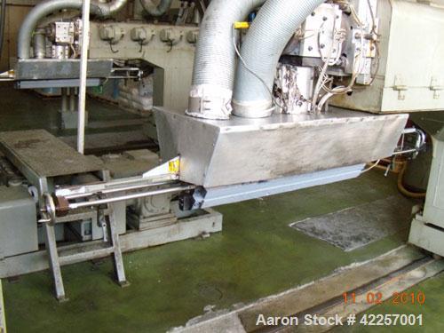 Used Sumitomo Heavy Industries EC 075-T Tandem Extrusion Coating Line, laminator for producing laminated foil for tubes for cosmetic production. Capable of producing ABL foil from 5 layer film with a...