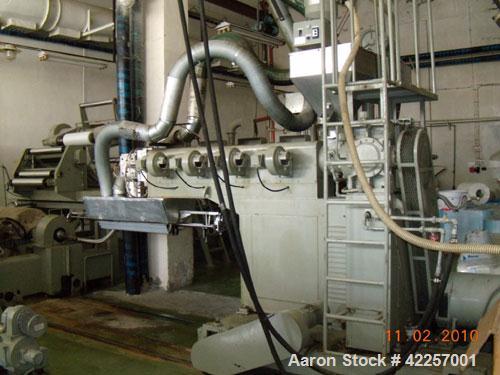 Used Sumitomo Heavy Industries EC 075-T Tandem Extrusion Coating Line, laminator for producing laminated foil for tubes for cosmetic production. Capable of producing ABL foil from 5 layer film with a...