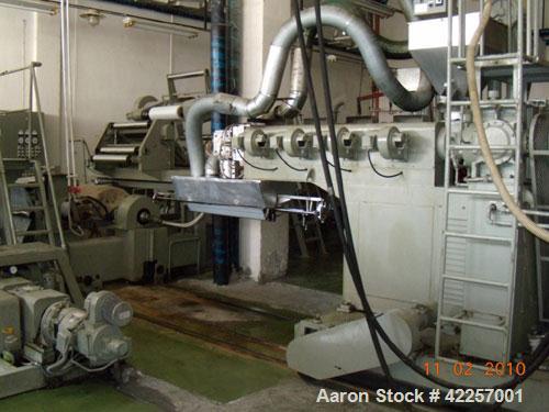 Used Sumitomo Heavy Industries EC 075-T Tandem Extrusion Coating Line, laminator for producing laminated foil for tubes for cosmetic production. Capable of producing ABL foil from 5 layer film with a...