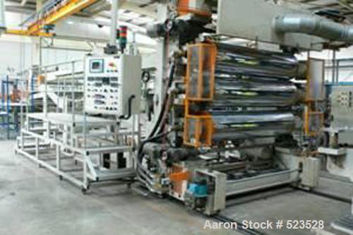 USED: Union 58.5" (1500mm) sheet co-extrusion line consisting of: (1) 120mm Union single screw extruder, electrically heated, fan cooled barrel, 35D vented, 210 kw DC motor with drive; (1) Union 30 h...