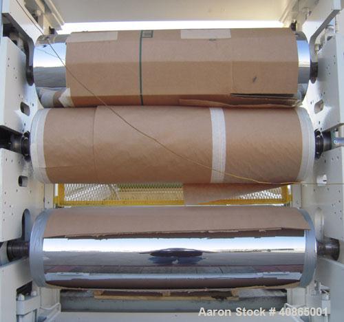  (1) 3 roll sheet stack with (3) 12" diameter x 41" wide chrome plated rolls, and (2) 12" diameter x 41" wide pattern rolls, with pumps, heat exchangers, control panel, and 16' long cooling section. ...