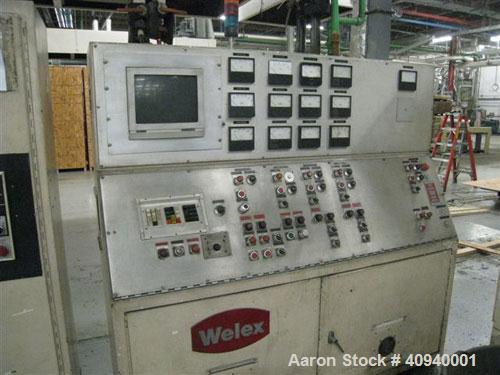 Used Welex Co-Extrusion Sheet Line consisting of the following:  (1) Welex 4.5" screw diameter, 36:1 L/D ratio. Electrically heated, water cooled side vented barrel. Unit driven by a 250 hp DC motor ...