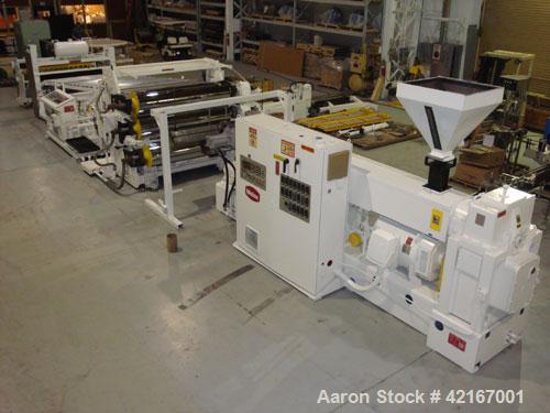 Used Welex “J” Style 78” Wide Sheet Line, Consisting Of: (1) Welex 4.5” extruder single screw extruder, 30:1 L/D ratio, side vented. Barrel is electrically heated and water cooled. Gearbox rated 263 ...