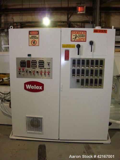 Used Welex “J” Style 78” Wide Sheet Line, Consisting Of: (1) Welex 4.5” extruder single screw extruder, 30:1 L/D ratio, side vented. Barrel is electrically heated and water cooled. Gearbox rated 263 ...