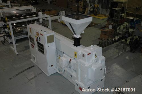 Used Welex “J” Style 78” Wide Sheet Line, Consisting Of: (1) Welex 4.5” extruder single screw extruder, 30:1 L/D ratio, side vented. Barrel is electrically heated and water cooled. Gearbox rated 263 ...