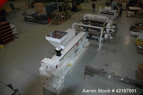 Used Welex “J” Style 78” Wide Sheet Line, Consisting Of: (1) Welex 4.5” extruder single screw extruder, 30:1 L/D ratio, side vented. Barrel is electrically heated and water cooled. Gearbox rated 263 ...