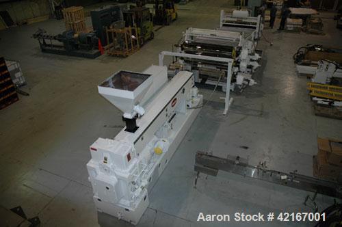 Used Welex “J” Style 78” Wide Sheet Line, Consisting Of: (1) Welex 4.5” extruder single screw extruder, 30:1 L/D ratio, side vented. Barrel is electrically heated and water cooled. Gearbox rated 263 ...
