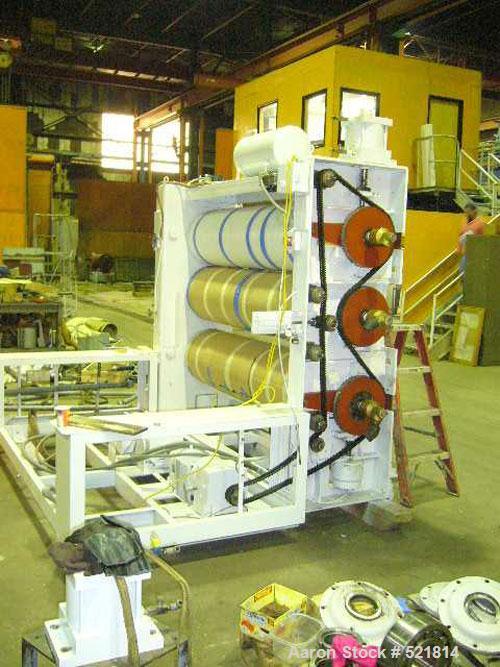 USED: 77" wide Welex sheet extrusion downstream consisting of the following: 18" O.D. x 77" wide 3 roll sheet extrusion stack consisting of (3) polished chrome rolls with (3) spare chrome rolls inclu...