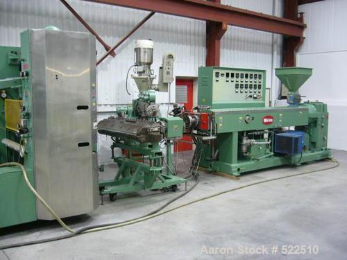 USED: Welex co-extrusuion sheet line consisting of the following:90mm Welex single screw extruder, 30:1 L/D, 226 screw rpm, watercooled, vented. 150 hp DC Mentoril drive, 1992. Dynisco EH35 screencha...