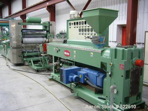 USED: Welex co-extrusuion sheet line consisting of the following:90mm Welex single screw extruder, 30:1 L/D, 226 screw rpm, watercooled, vented. 150 hp DC Mentoril drive, 1992. Dynisco EH35 screencha...