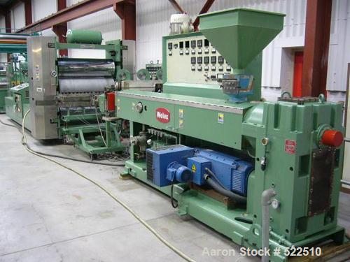 USED: Welex co-extrusuion sheet line consisting of the following:90mm Welex single screw extruder, 30:1 L/D, 226 screw rpm, watercooled, vented. 150 hp DC Mentoril drive, 1992. Dynisco EH35 screencha...