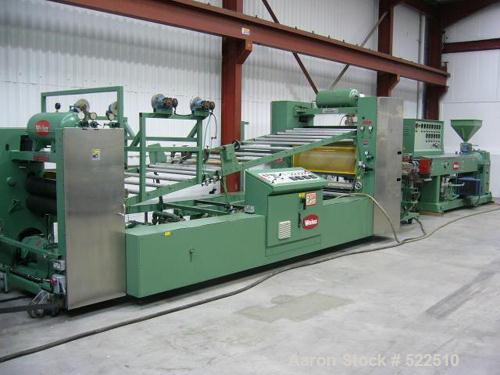 USED: Welex co-extrusuion sheet line consisting of the following:90mm Welex single screw extruder, 30:1 L/D, 226 screw rpm, watercooled, vented. 150 hp DC Mentoril drive, 1992. Dynisco EH35 screencha...