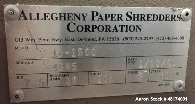 Used Allegheny Paper Shredder, Model 16-150C. 7 1/2 hp, capacity 140-150. Input speed 49'/15 meters per min. 16" wide feed opening, 16" wide cutting assembly. 1/2" clearance cutting assembly. Cutters...