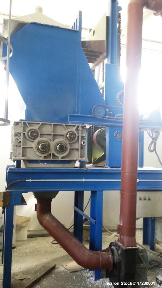 Used Untha Four Shaft Shredder, Model RS40. 2 x 15kw. Cutting chamber 750 x 700. Extra pushing fuction, pusher is connected via a PLC. Mfg. 1995.