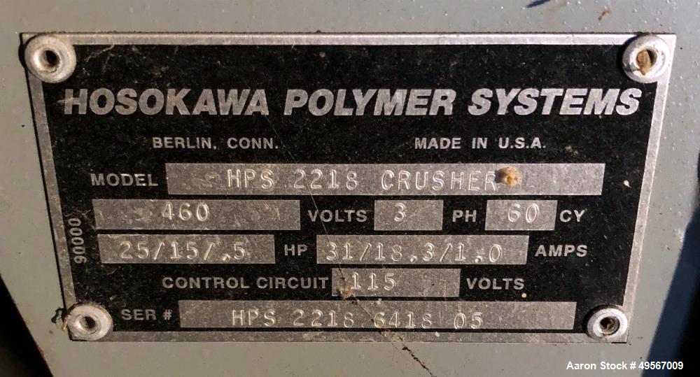 Used Hosokawa Polymer Systems Twin Shaft Crusher, Model HPS 2218. (1) Carbon steel rotors approximate 6" diameter x 18" wide. Front rotor driven by a 15hp, 3/60/230/460 volt, 1750 rpm gear motor, rat...