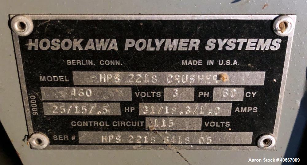 Used- Hosokawa Polymer Systems Twin Shaft Crusher, Model HPS 2218. (1) Carbon steel rotors approximate 6" diameter x 18" wid...