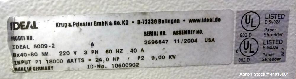Used MBM Corporation Ideal DestroyIt Shredder, Model 5009-2.  20" Feed opening.  Particle size 11/32" x 1-1/2" to 3", sheet capacity 600, shred speed 24 to 46 feet per minute with conveyor. Automatic...
