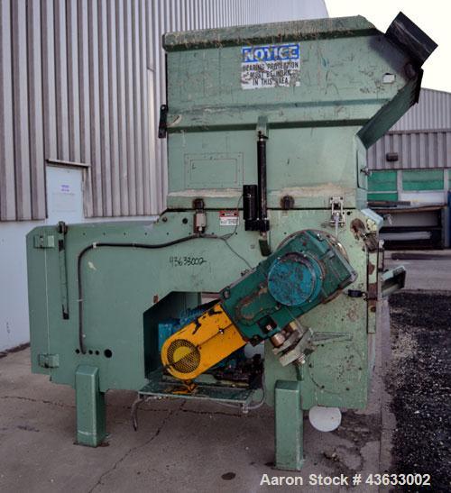 Used Uni-Shred Single Shaft Shredder, Carbon Steel. Approximately 14” diameter x 44” wide rotor with bolt-on cutters. Approximately 40-1/2” x 44-1/2” feed opening with hopper. Single ram horizontal h...