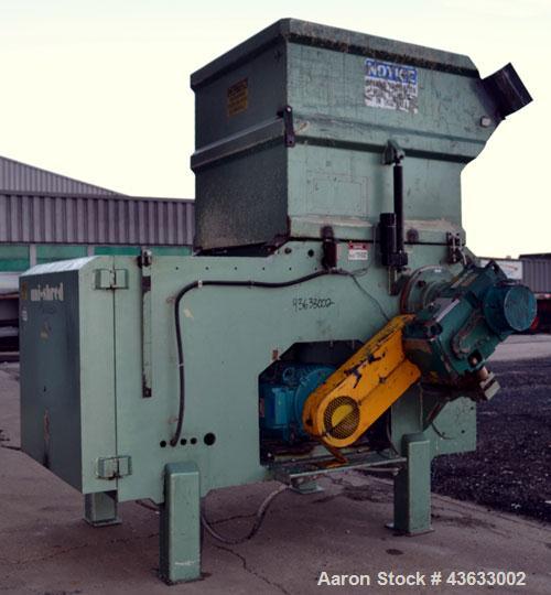 Used Uni-Shred Single Shaft Shredder, Carbon Steel. Approximately 14” diameter x 44” wide rotor with bolt-on cutters. Approximately 40-1/2” x 44-1/2” feed opening with hopper. Single ram horizontal h...