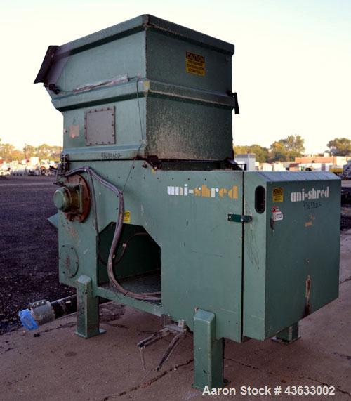 Used Uni-Shred Single Shaft Shredder, Carbon Steel. Approximately 14” diameter x 44” wide rotor with bolt-on cutters. Approximately 40-1/2” x 44-1/2” feed opening with hopper. Single ram horizontal h...