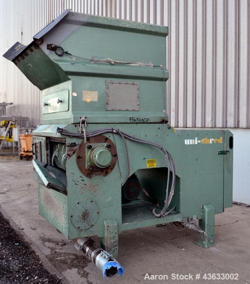 Used Uni-Shred Single Shaft Shredder, Carbon Steel. Approximately 14” diameter x 44” wide rotor with bolt-on cutters. Approximately 40-1/2” x 44-1/2” feed opening with hopper. Single ram horizontal h...