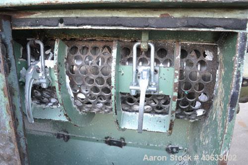 Used Uni-Shred Single Shaft Shredder, Carbon Steel. Approximately 14” diameter x 44” wide rotor with bolt-on cutters. Approximately 40-1/2” x 44-1/2” feed opening with hopper. Single ram horizontal h...