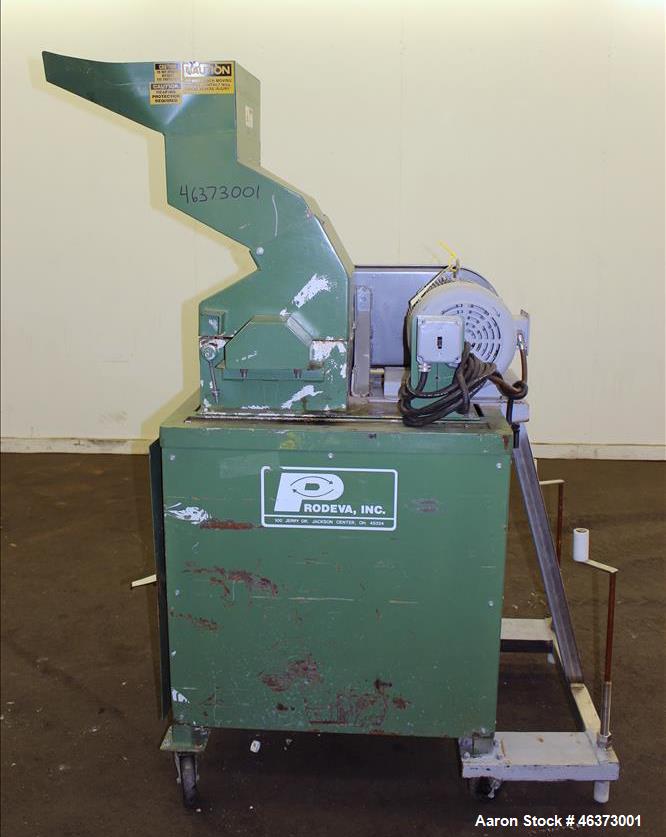 Used Prodeva Single Rotor Plastics Shredder, Model 315-S, Carbon Steel. Cutting chamber approximately 15" long x 11" wide. Approximately 10" diameter x 13-1/2" long single open rotor with (32) bolt o...