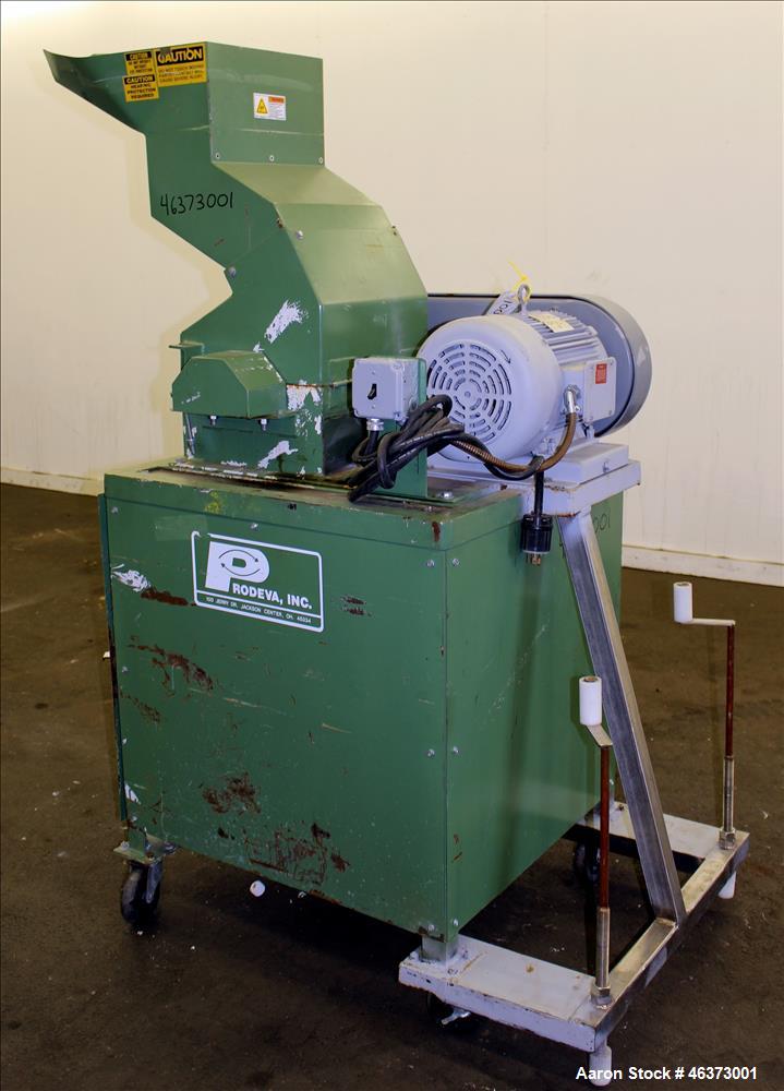 Used Prodeva Single Rotor Plastics Shredder, Model 315-S, Carbon Steel. Cutting chamber approximately 15" long x 11" wide. Approximately 10" diameter x 13-1/2" long single open rotor with (32) bolt o...