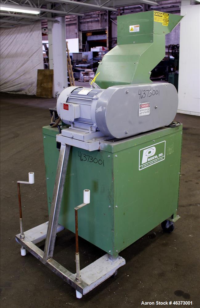 Used Prodeva Single Rotor Plastics Shredder, Model 315-S, Carbon Steel. Cutting chamber approximately 15" long x 11" wide. Approximately 10" diameter x 13-1/2" long single open rotor with (32) bolt o...