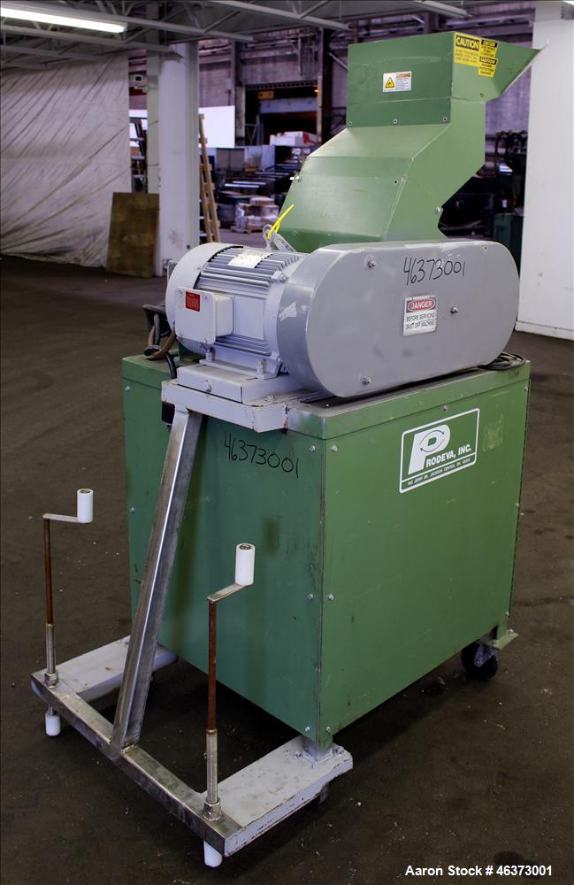 Used Prodeva Single Rotor Plastics Shredder, Model 315-S, Carbon Steel. Cutting chamber approximately 15" long x 11" wide. Approximately 10" diameter x 13-1/2" long single open rotor with (32) bolt o...