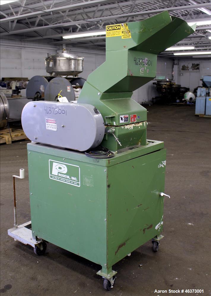 Used Prodeva Single Rotor Plastics Shredder, Model 315-S, Carbon Steel. Cutting chamber approximately 15" long x 11" wide. Approximately 10" diameter x 13-1/2" long single open rotor with (32) bolt o...