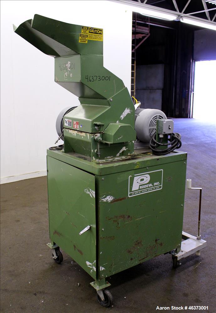 Used Prodeva Single Rotor Plastics Shredder, Model 315-S, Carbon Steel. Cutting chamber approximately 15" long x 11" wide. Approximately 10" diameter x 13-1/2" long single open rotor with (32) bolt o...