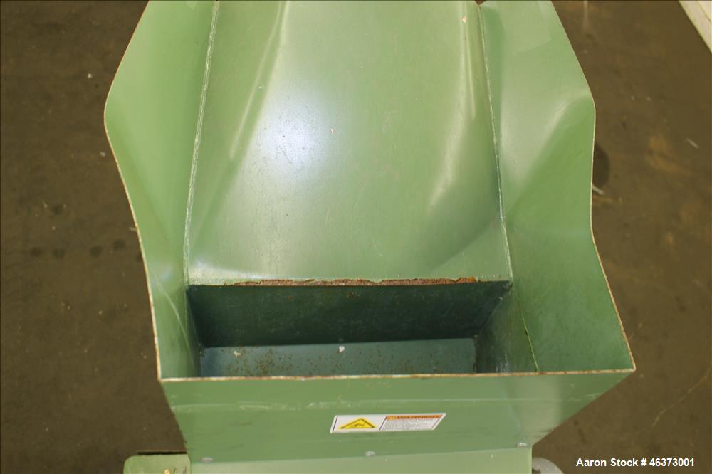 Used Prodeva Single Rotor Plastics Shredder, Model 315-S, Carbon Steel. Cutting chamber approximately 15" long x 11" wide. Approximately 10" diameter x 13-1/2" long single open rotor with (32) bolt o...