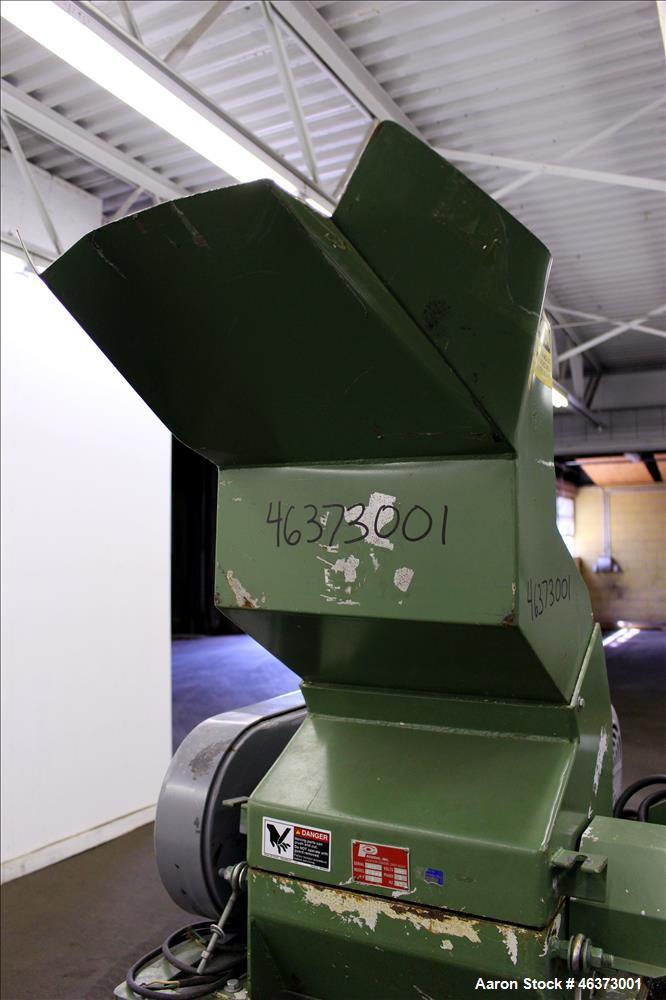 Used Prodeva Single Rotor Plastics Shredder, Model 315-S, Carbon Steel. Cutting chamber approximately 15" long x 11" wide. Approximately 10" diameter x 13-1/2" long single open rotor with (32) bolt o...