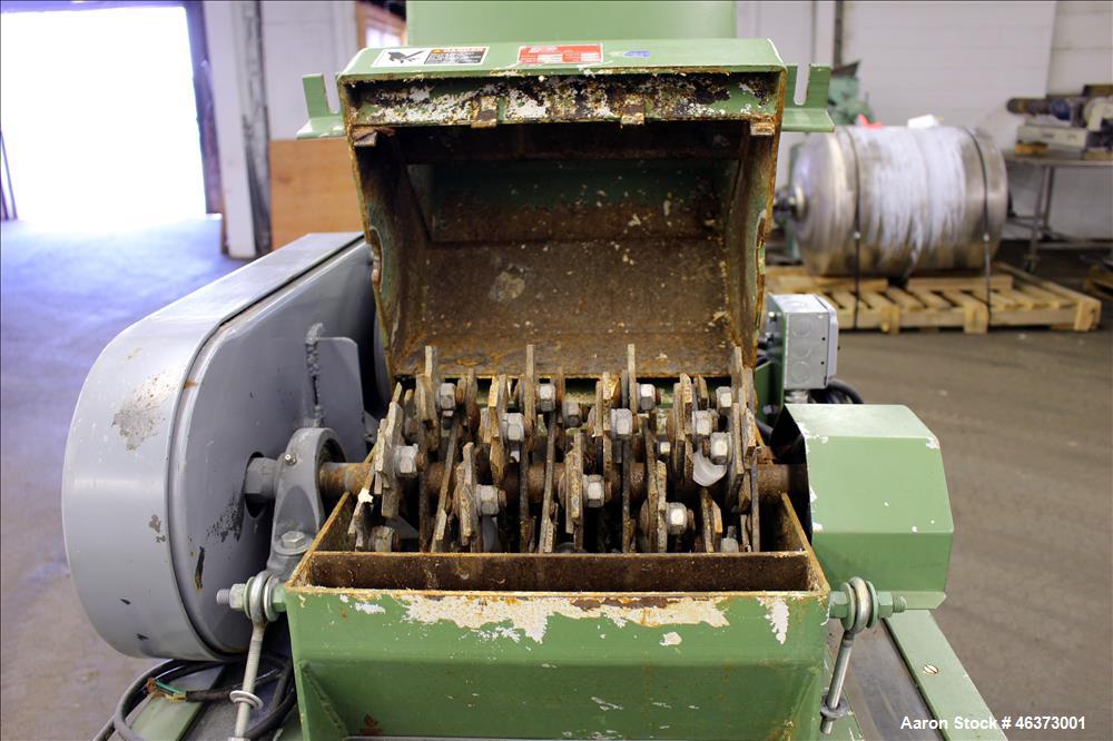 Used Prodeva Single Rotor Plastics Shredder, Model 315-S, Carbon Steel. Cutting chamber approximately 15" long x 11" wide. Approximately 10" diameter x 13-1/2" long single open rotor with (32) bolt o...
